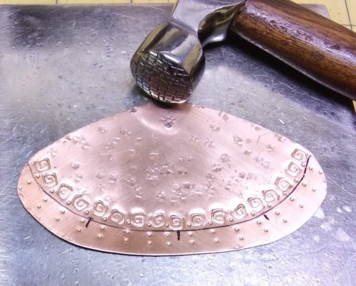 Judy Larson's Angel Ornament  - , Holiday Designs, Cutting, Cutting Tool, Cutters, Forging, Forging Jewelry, Jewelry Forging, How To Punch Holes, Hole Punching, Punch A Hole, Stamping, Stamps, Texturing, checking to make sure the line on the stamp has been turned